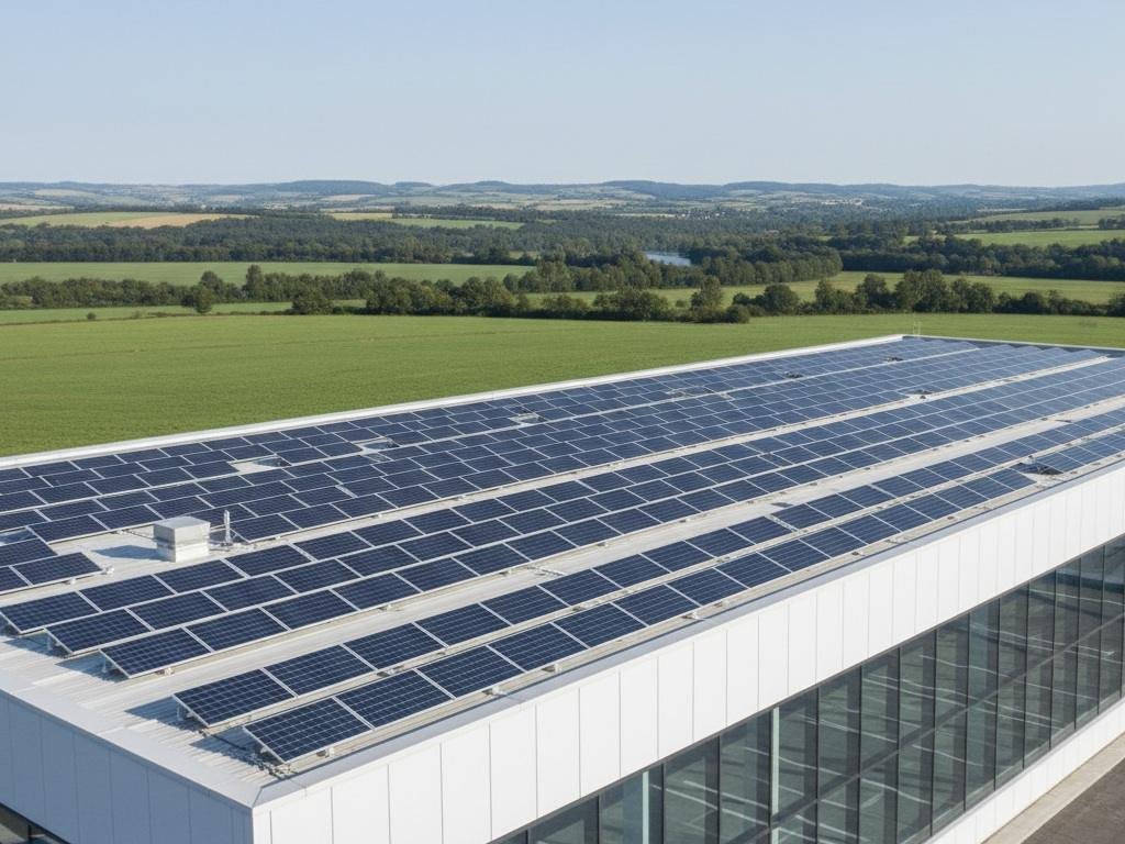 Tetto di un capannone coperto da pannelli fotovoltaici, accanto a terreni agricoli