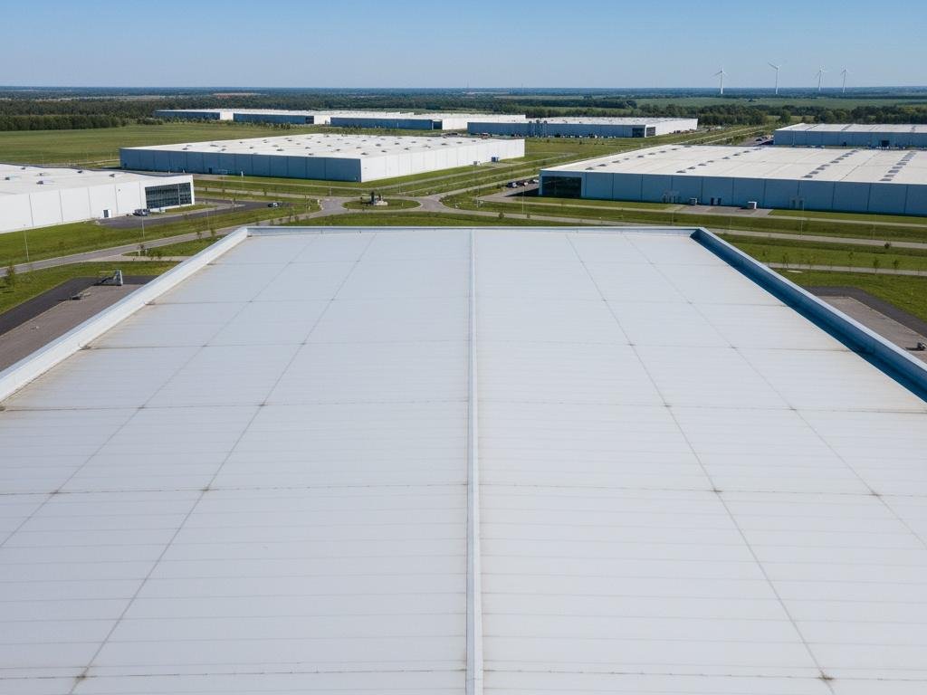 Grande tetto piano di un capannone in una zona industriale, ancora senza pannelli
